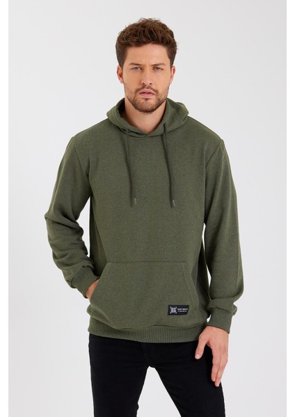 Haki Kanguru Cepli Kapüşonlu Içi Pamuklu Erkek Sweatshirt