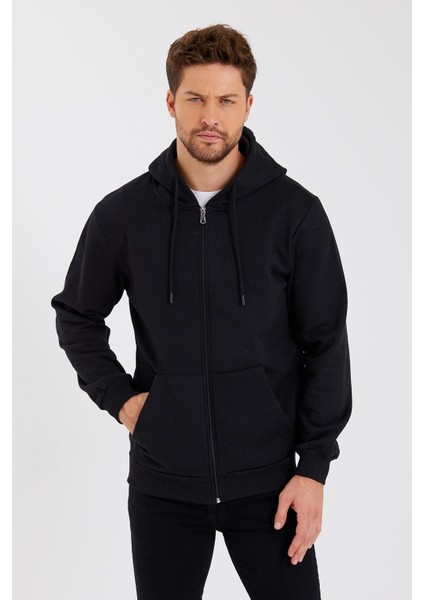 Metalıc Siyah Kanguru Cepli Kapüşonlu Fermuarlı Içi Pamuklu Erkek Sweatshirt