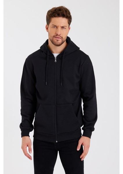 Metalıc Siyah Kanguru Cepli Kapüşonlu Fermuarlı Içi Pamuklu Erkek Sweatshirt fiyatları
