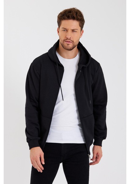 Metalıc Siyah Kanguru Cepli Kapüşonlu Fermuarlı Içi Pamuklu Erkek Sweatshirt modelleri