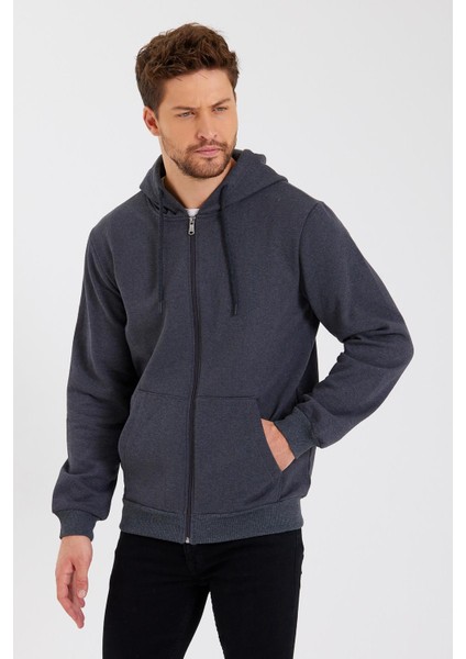 Metalıc Antrasit Kanguru Cepli Kapüşonlu Fermuarlı Içi Pamuklu Erkek Sweatshirt