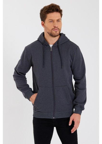 Metalıc Antrasit Kanguru Cepli Kapüşonlu Fermuarlı Içi Pamuklu Erkek Sweatshirt fiyatları