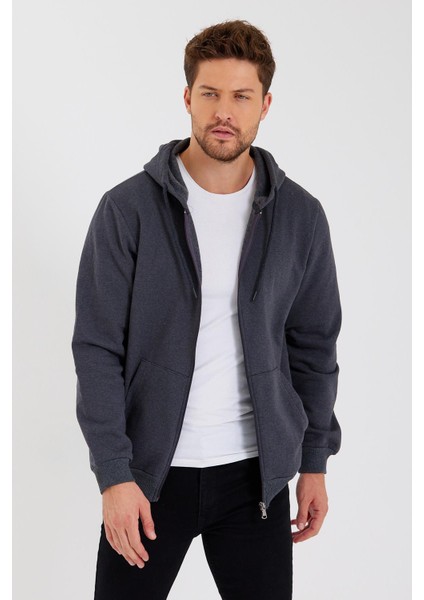 Metalıc Antrasit Kanguru Cepli Kapüşonlu Fermuarlı Içi Pamuklu Erkek Sweatshirt modelleri