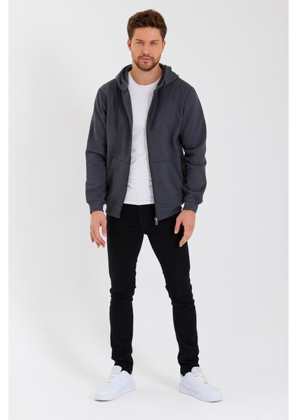 Metalıc Antrasit Kanguru Cepli Kapüşonlu Fermuarlı Içi Pamuklu Erkek Sweatshirt fırsatları