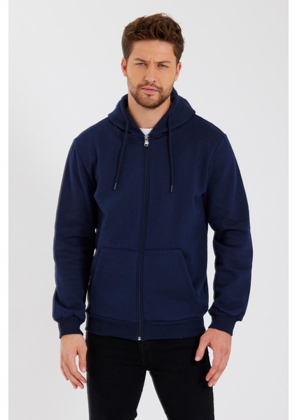 Metalıc Lacivert Kanguru Cepli Kapüşonlu Fermuarlı Içi Pamuklu Erkek Sweatshirt