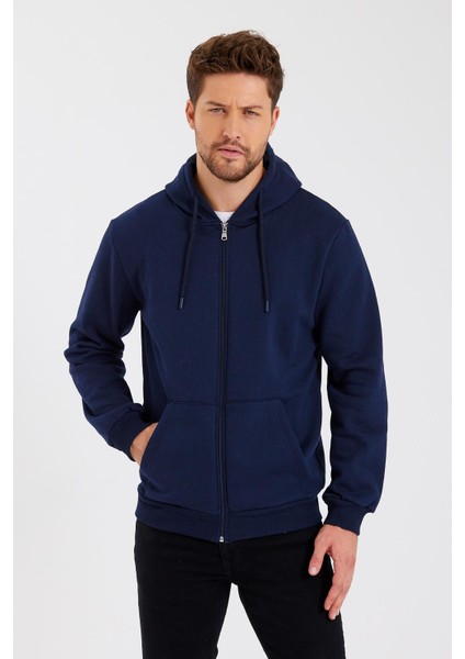 Metalıc Lacivert Kanguru Cepli Kapüşonlu Fermuarlı Içi Pamuklu Erkek Sweatshirt fiyatları