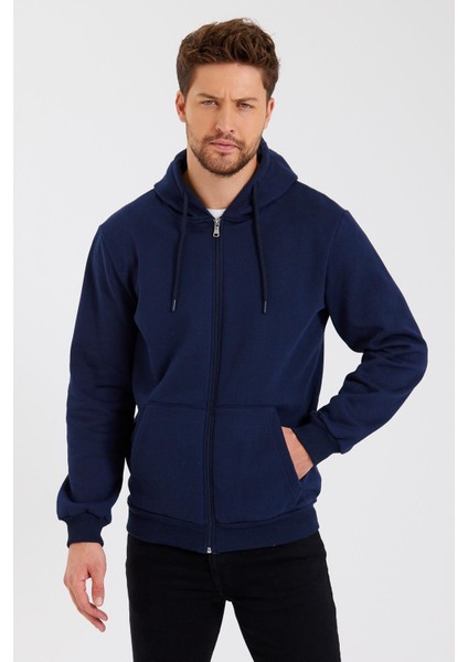Metalıc Lacivert Kanguru Cepli Kapüşonlu Fermuarlı Içi Pamuklu Erkek Sweatshirt modelleri