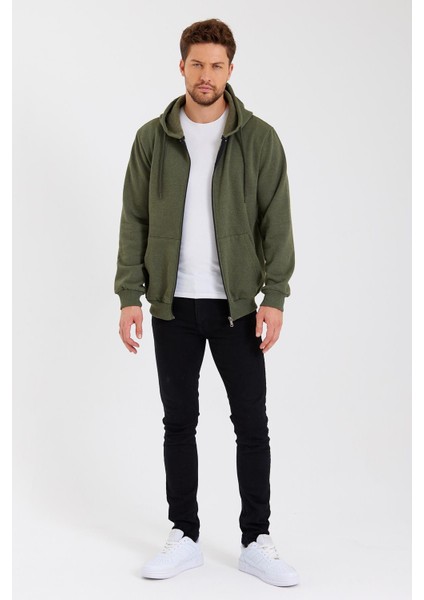 Metalıc Haki Kanguru Cepli Kapüşonlu Fermuarlı Içi Pamuklu Erkek Sweatshirt