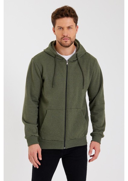 Metalıc Haki Kanguru Cepli Kapüşonlu Fermuarlı Içi Pamuklu Erkek Sweatshirt fiyatları