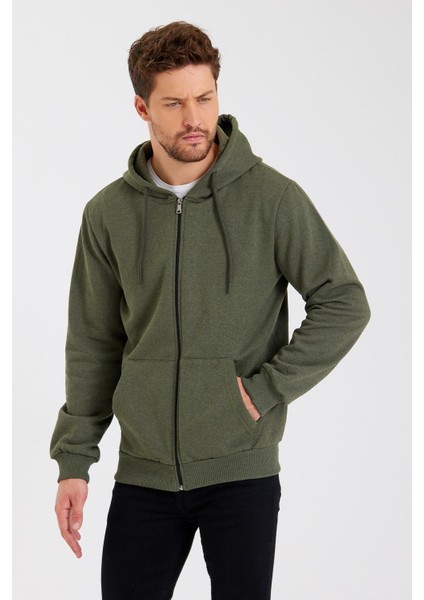 Metalıc Haki Kanguru Cepli Kapüşonlu Fermuarlı Içi Pamuklu Erkek Sweatshirt modelleri