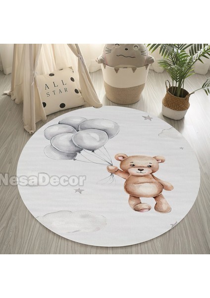 Nesa_Decor Dokuma Taban Yıkanabilir Balonlu Ayıcık ve Bulutlar Desenli Dijital Baskılı Çocuk Halısı