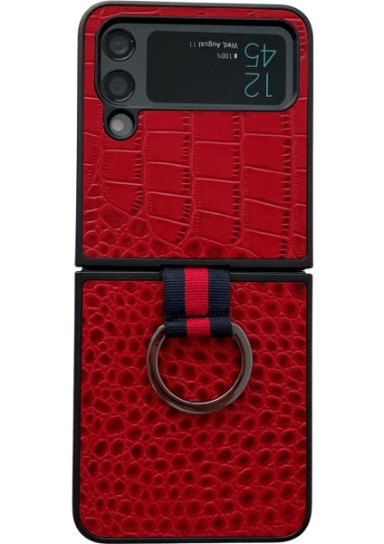 Samsung Galaxy Z İçin Flip 4 Timsah Doku Halkalı Orijinal Deri Telefon Kılıfı - Kırmızı (Yurt Dışından)