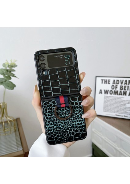 Samsung Galaxy Z İçin Flip 4 Timsah Doku Halkalı Orijinal Deri Telefon Kılıfı - Cana Mavisi (Yurt Dışından)