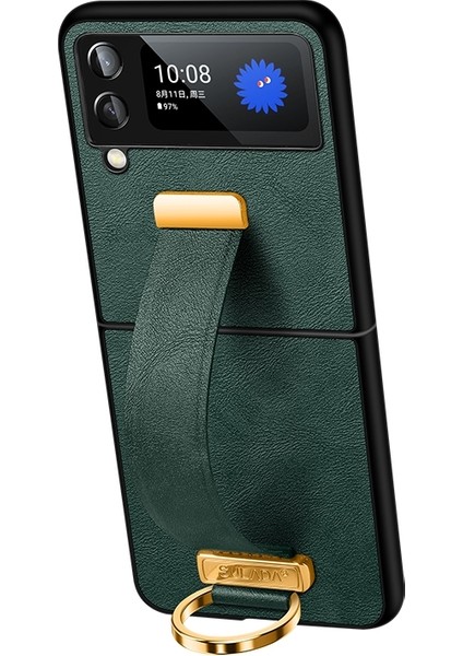 Samsung Galaxy Z Flip 4 İçin Pc+Deri Doku Kılıfı - Yeşil (Yurt Dışından)