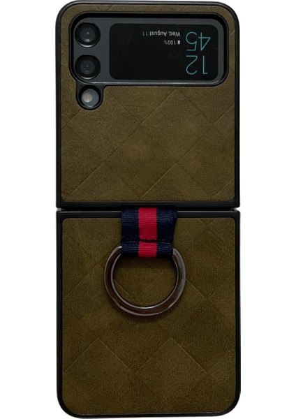 Samsung Galaxy Z Flip 4 İçin Ring ile Ekose Pu Telefon Kılıfı - Yeşil (Yurt Dışından)