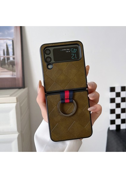 Samsung Galaxy Z Flip 4 İçin Ring ile Ekose Pu Telefon Kılıfı - Yeşil (Yurt Dışından) fiyatları