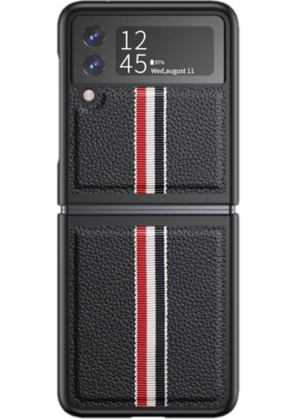 Samsung Galaxy Z Flip 4 Litchi Dokusu Orijinal Deri Renk Strip Telefon Kılıfı - Siyah (Yurt Dışından)