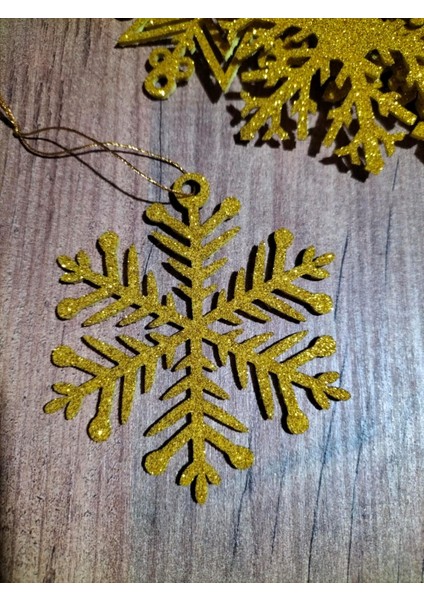 8x8 cm Sarı 12 Li Kar Tanesi Figürlü Sarı Renkli Yılbaşı Ağacı ve Hediye Süsü Model1