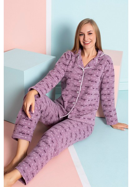 Kadın Kışlık Welsoft Peluş Polar Düğmeli Pijama Takımı