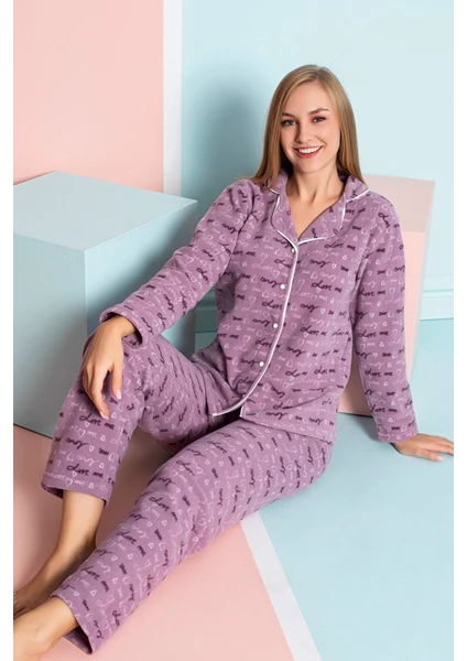 Kadın Kışlık Welsoft Peluş Polar  Düğmeli Pijama Takımı