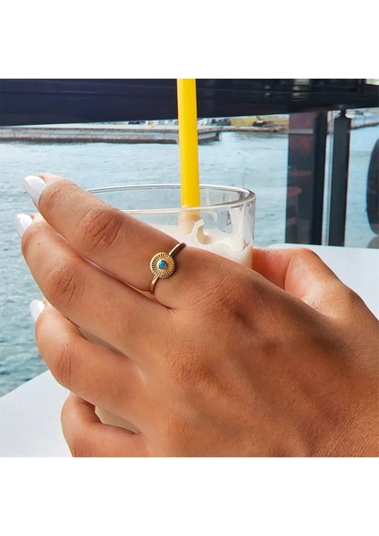 Tektaş Altın Yüzük - 14 Ayar Altın Güneş Turkuaz Taşlı Yüzük - Minimal Altın Yüzük