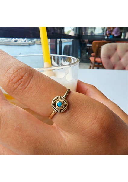 Tektaş Altın Yüzük - 14 Ayar Altın Güneş Turkuaz Taşlı Yüzük - Minimal Altın Yüzük fiyatları
