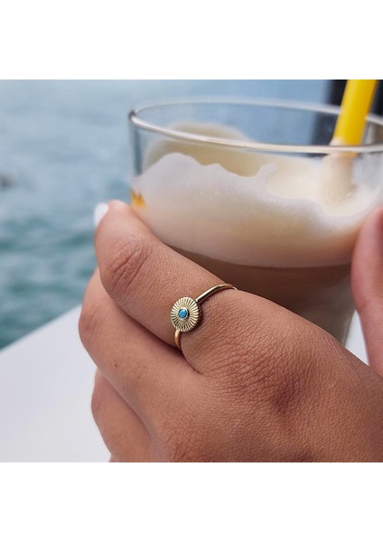 Tektaş Altın Yüzük - 14 Ayar Altın Güneş Turkuaz Taşlı Yüzük - Minimal Altın Yüzük fırsatları