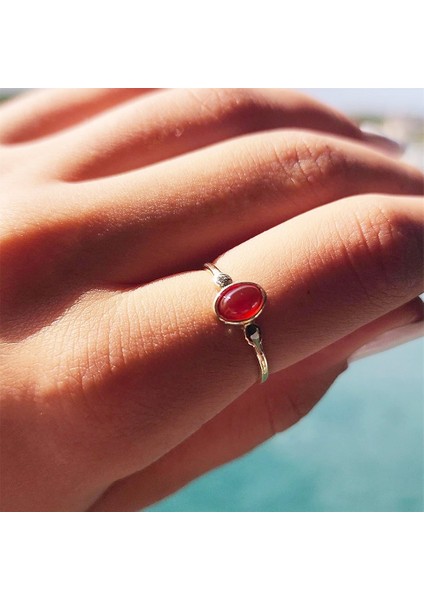Kırmızı Akik Taşlı Tek Taş Evlilik Teklifi Yüzüğü-0.90 Karat Kristal Opal 14 Ayar Altın Yüzük