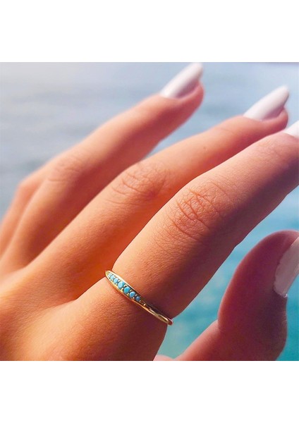 Altın Yüzük - Minimal Badem Firuze Sıra Taşlı 14 Ayar Altın Alyans fırsatları