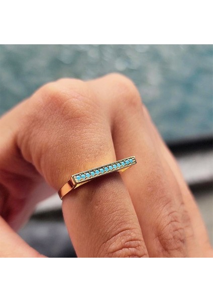 Altın Yüzük - 14 Ayar Altın Çizgi Sıra Turkuaz Taşlı Yüzük - Anneler Gününe Hediye Altın Yüzük
