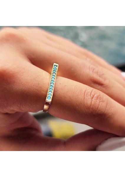 Altın Yüzük - 14 Ayar Altın Çizgi Sıra Turkuaz Taşlı Yüzük - Anneler Gününe Hediye Altın Yüzük fiyatları