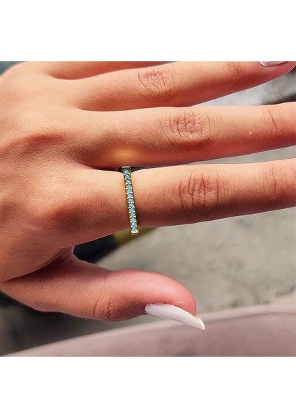 Altın Yüzük - 14 Ayar Altın Çizgi Sıra Turkuaz Taşlı Yüzük - Anneler Gününe Hediye Altın Yüzük modelleri