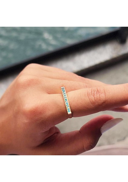 Altın Yüzük - 14 Ayar Altın Çizgi Sıra Turkuaz Taşlı Yüzük - Anneler Gününe Hediye Altın Yüzük fırsatları