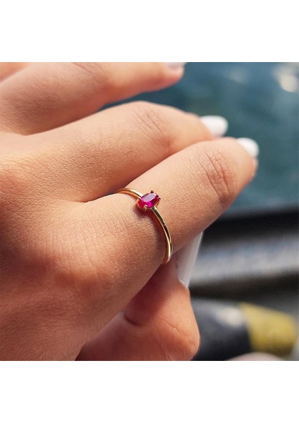 Minimal Altın Yüzük - 14 Ayar Altın Oval Ruby Taşlı Minimal Tek Taş Yüzük - Tektaş Altın Yüzük