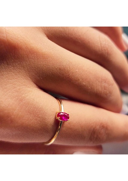 Minimal Altın Yüzük - 14 Ayar Altın Oval Ruby Taşlı Minimal Tek Taş Yüzük - Tektaş Altın Yüzük modelleri