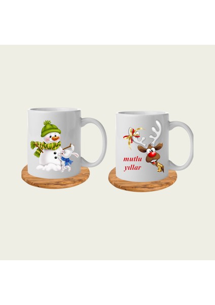 Yılbaşı Noel Temalı 2'li Kardan Adam ve Mutlu Yıllar Geyik Hediye Kupa Bardak-Chrisrtmas-Yeniyıl
