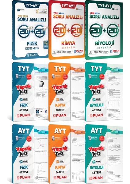 Puan Yayınları TYT AYT Fizik Kimya Biyoloji Deneme + Yaprak Test Seti 9 Kitap YKS