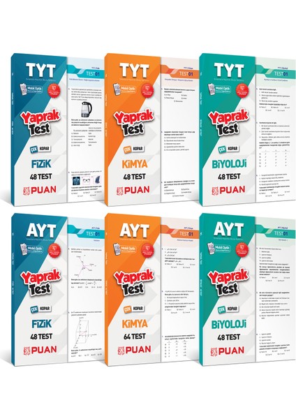 Puan Yayınları TYT AYT Fizik Kimya Biyoloji 6'lı Yaprak Test Seti YKS