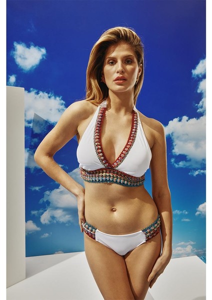 Renkli Şerit Lastikli Boyundan Bağlamalı Bikini Takımı