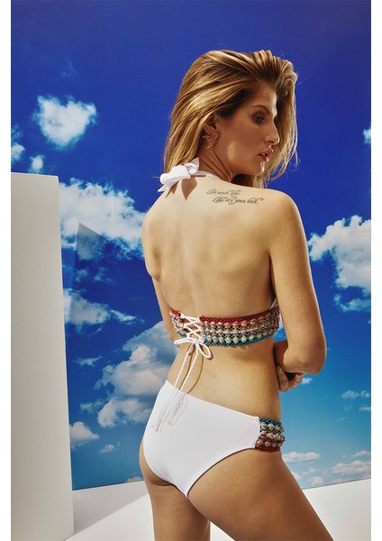 Renkli Şerit Lastikli Boyundan Bağlamalı Bikini Takımı modelleri