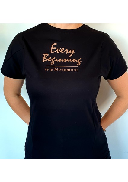 Modassi Tshirt Kadın Simli Parlak Kısa Kollu Siyah Bisiklet Yaka 5 Kalıp Dikimli Özel Baskı uygulamalı