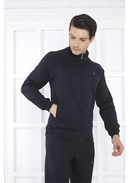 Escetic Erkek Spor Slimfit, Dik Yaka, 4 Cepli, 4 Mevsim Lacivert Eşofman Takımı - 6767