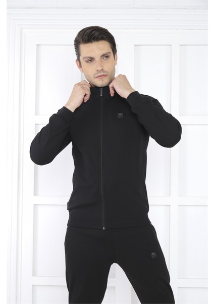 Escetic Erkek Spor Slimfit, Dik Yaka, 4 Cepli, 4 Mevsim Siyah Eşofman Takımı - 6767
