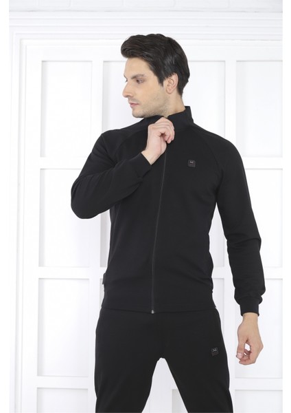 Escetic Erkek Spor Slimfit, Dik Yaka, 4 Cepli, 4 Mevsim Siyah Eşofman Takımı - 6767