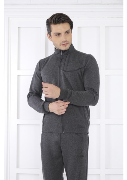 Escetic Erkek Spor Slimfit, Dik Yaka, 4 Cepli, 4 Mevsim Koyu Antrasit Melanj Eşofman Takımı - 6793