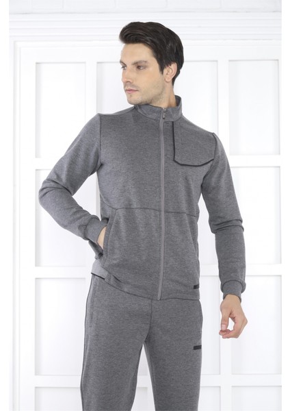 Escetic Erkek Spor Slimfit, Dik Yaka, 4 Cepli, 4 Mevsim G3 Melanj Eşofman Takımı - 6793