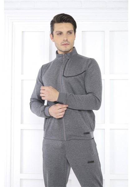 Escetic Erkek Spor Slimfit, Dik Yaka, 4 Cepli, 4 Mevsim G3 Melanj Eşofman Takımı - 6793