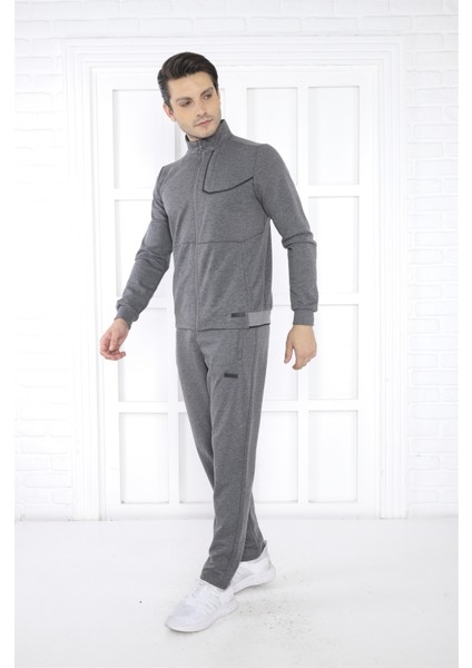 Escetic Erkek Spor Slimfit, Dik Yaka, 4 Cepli, 4 Mevsim G3 Melanj Eşofman Takımı - 6793