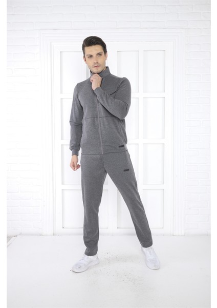 Escetic Erkek Spor Slimfit, Dik Yaka, 4 Cepli, 4 Mevsim G3 Melanj Eşofman Takımı - 6793