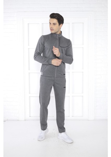 Escetic Erkek Spor Slimfit, Dik Yaka, 4 Cepli, 4 Mevsim G3 Melanj Eşofman Takımı - 6793